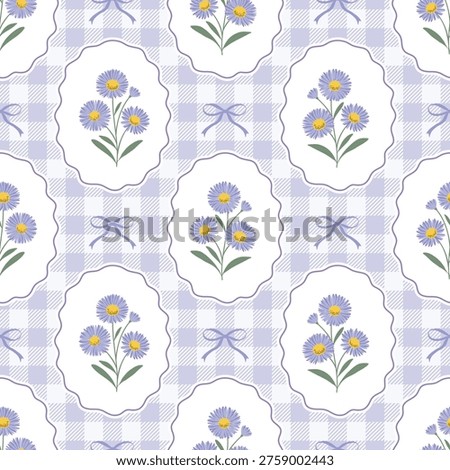Seamless floral pattern with cute coquette purple aster, swan river daisy flowers in scalloped frames on gingham check background, cottagecore vector for fabric, wallpaper, card, textile.