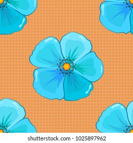 Seamless floral pattern in cute cosmos flowers in yellow, orange and blue colors. Vector illustration.