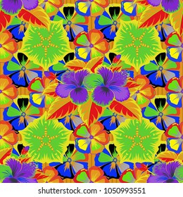 Seamless floral pattern in cute cosmos flowers in green, blue and yellow colors. Vector illustration.