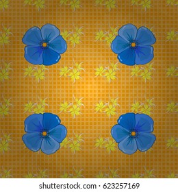 Seamless floral pattern in cute cosmos flowers on a yellow background. Vector illustration.