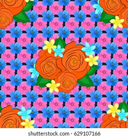 Seamless floral pattern in cute cosmos flowers on a blue background. Vector illustration.