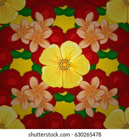 Seamless floral pattern in cute cosmos flowers on a yellow background. Vector illustration.