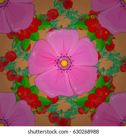 Seamless floral pattern in cute cosmos flowers on a brown background. Vector illustration.