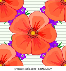 Seamless floral pattern in cute cosmos flowers on a beige background. Vector illustration.