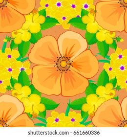 Seamless floral pattern in cute cosmos flowers on a brown background. Vector illustration.