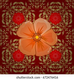 Seamless floral pattern in cute cosmos flowers on a red background. Vector illustration.