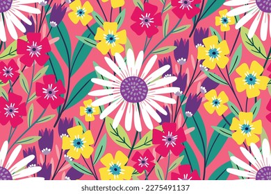 Seamless floral pattern, cute decorative art botany print. Pretty botanical design with hand drawn summer meadow: large chamomiles, flowers on branches, leaves on pink background. Vector illustration.