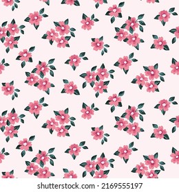 Seamless floral pattern, cute ditsy print with small pink flowers. Pretty girly botanical background with tiny hand drawn plants, flowers, leaves in a liberty composition. Vector illustration.