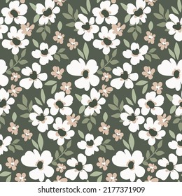 Seamless floral pattern, cute ditsy print in pastel colors. Romantic botanical background with gentle liberty meadow, small hand drawn flowers, leaves, wild herbs. Vector illustration.