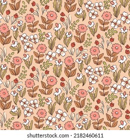 Seamless floral pattern, cute ditsy print with pink spring meadow, decorative hand drawn plants. Pretty botanical background with sketch flowers, leaves on a light background. Vector illustration.