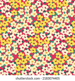 Seamless floral pattern, cute ditsy print with small flowers in liberty composition. Retro style botanical background with tiny hand drawn plants, white, yellow flowers, leaves on a red field. Vector.