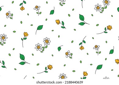 Seamless floral pattern, cute ditsy print with small sparse flowers, leaves on a white surface. Trendy botanical background design with tiny hand drawn plants, chamomile, tulip flowers, leaves. Vector