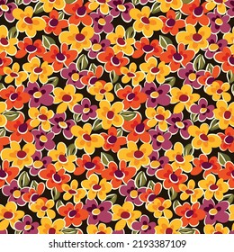 Seamless floral pattern, cute ditsy print with small colorful flowers. Colorful botanical background design with hand drawn little plants, flowers, leaves. Vector illustration.