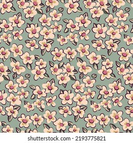 Patrón floral sin inconfundibles, impresión tibia tibia en estilo retro. Diseño de superficie botánica romántica con flores dibujadas a mano, hojas en colores pastel. Ilustración vectorial.