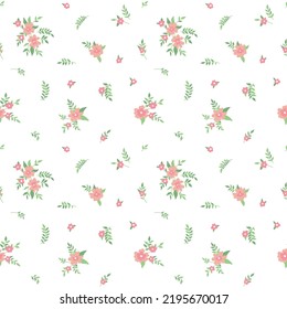 Seamless floral pattern, cute ditsy print with small sparse flowers on a white background. Girly surface design with abstract botanical arrangement of small pink flowers, bunches, leaves. Vector.
