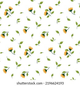 Seamless floral pattern, cute ditsy print with small sunflower flowers, leaves scattered on a white background. Minimal botanical surface design with simple hand drawn plants. Vector.