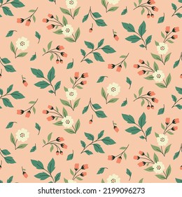 Seamless floral pattern, cute ditsy print with small ornamental plants on a pink background. Pretty modern botanical surface design with little flowers and leaves in an abstract composition. Vector.