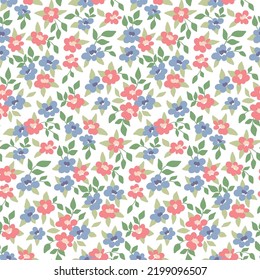 Seamless floral pattern, cute ditsy print with rustic motifs. Romantic botanical surface design with small flowers, leaves in liberty composition on white background. Vector.