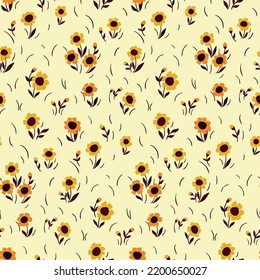 Seamless floral pattern, cute ditsy print with mini sunflowers. Botanical background design with rustic motifs: an abstract pattern of small drawing flowers, leaves, grass. Vector illustration.