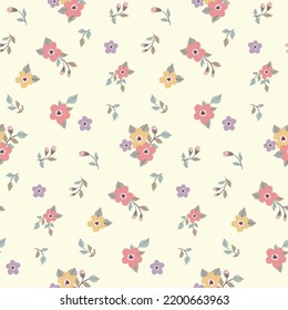 Seamless floral pattern; cute ditsy print in gentle pastel flowers. Pretty girly botanical surface design with abstract composition of small flowers; bouquets; leaves. Vector illustration.