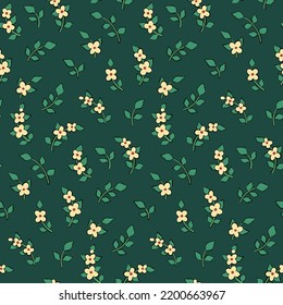 Seamless floral pattern, cute ditsy print with small hand drawn plants on a green background. Pretty botanical surface design with mini flowers branches, leaves. Vector illustration.