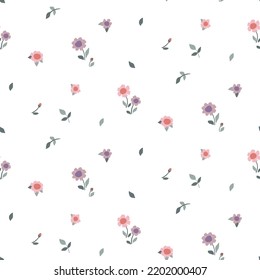 Seamless floral pattern, cute ditsy print with small flowers on a white background. Pretty botanical surface design with mini drawn plants: simple flowers, leaves in an abstract composition. Vector.