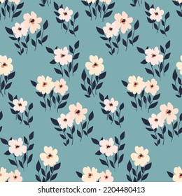 Seamless floral pattern, cute ditsy print with white daisies on a blue background. Pretty botanical surface design with hand drawn wild flowers, leaves on stems. Vector illustration.