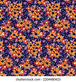 Seamless floral pattern, cute ditsy print with pretty hand drawn meadow, small daisies, leaves. Liberty botanical arrangement of different wild flowers, leaves on dark background. Vector illustration.