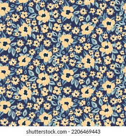 Seamless floral pattern, cute ditsy print with rustic, folk motifs. Liberty botanical arrangement with hand drawn wild plants: small yellow flowers, leaves on a blue background. Vector illustration.