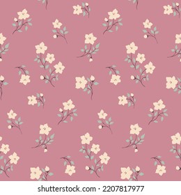 Seamless floral pattern, cute ditsy print with small flowers twigs. Pretty botanical design with hand drawn plants in vintage style: small flowers, branches, leaves on a lilac background. Vector.