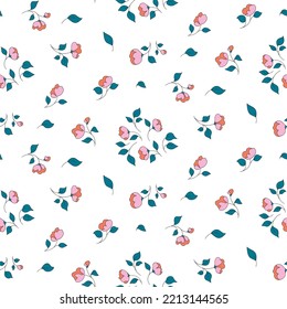 Seamless floral pattern, cute ditsy print with small flowers in an abstract arrangement on a white background. Pretty botanical design with tiny hand drawn flowers, leaves on thin twigs. Vector.