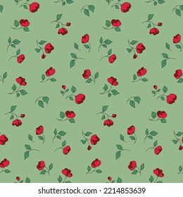 Seamless floral pattern, cute ditsy print with small flowers in liberty arrangement. Romantic floral background design with small hand drawn plants, cute red flowers, leaves. Vector illustration.