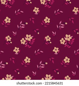 Seamless floral pattern, cute ditsy print with small decorative flower branches in an abstract arrangement. Pretty floral surface design with flowers, leaves, branches on purple background. Vector.