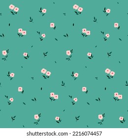 Seamless floral pattern, cute ditsy print with meadow in simple modern design. Cute flower background design with simple small flowers, leaves in abstract arrangement. Vector botanical illustration.