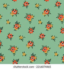 Seamless floral pattern, cute ditsy print with retro folk motif. Cute flower background design with small hand drawn flowers, leaves, mini bouquets in abstract arrangement. Vector floral illustration.
