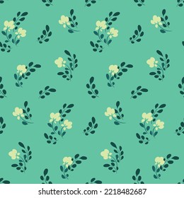 Seamless floral pattern, cute ditsy print with hand drawn botany on a blue background. Pretty flower surface design with small flowers, twigs, leaves in an abstract arrangement. Vector illustration.