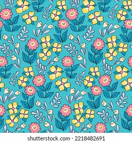 Patrón floral sin foco, tira tibia adorable con prado de primavera de dibujos animados. Bonito diseño floral con plantas dibujadas a mano, flores lindas, hojas, hierba sobre fondo azul. Ilustración vectorial floral.