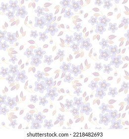 Seamless floral pattern, cute ditsy print with small watercolor flowers on a white background. Delicate floral surface with drawing plants: flowers, leaves. Abstract flower design, vector illustration