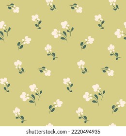 Seamless floral pattern, cute ditsy print with small flowers in rustic style. Abstract arrangement of tiny hand drawn plants: flowers, leaves. Cute flower design, vector botanical illustration.