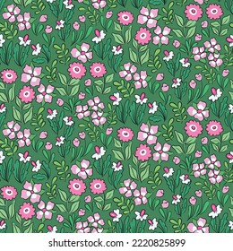 Seamless floral pattern, cute ditsy print with hand drawn wild flowers on a green background. Pretty flower design with summer meadow: small pink flowers, leaves, grass. Vector floral illustration.