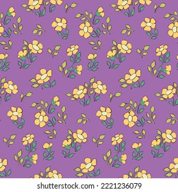 Patrón floral sin foco, tirita tibia con motivo retro. Bonito diseño floral con pradera de mano libre, flores amarillas pequeñas, hojas de fondo morado. Ilustración botánica vectorial.