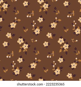 Seamless floral pattern, cute ditsy print with tiny bouquets in brown colors. Pretty flower background design with small flowers buds, leaves in liberty arrangement. Vector botanical illustration.