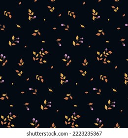 Seamless floral pattern, cute ditsy print with tiny flowers twig. Elegant flower design, abstract arrangement of hand drawn small branches, buds, leaves on a black background. Vector illustration.