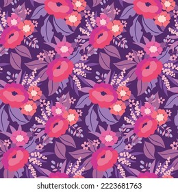 Seamless floral pattern, cute ditsy print with bouquets in pink, purple color. Pretty flower background design with hand drawn botany: flowers blossom, leaves in modern folk style. Vector illustration