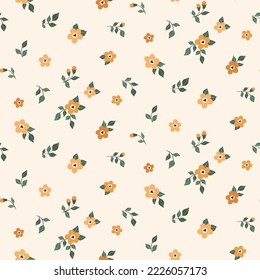 Seamless floral pattern, cute ditsy print with country motif. Pretty flower design, abstract composition of hand drawn plants: small yellow flowers, leaves on a light background. Vector illustration.