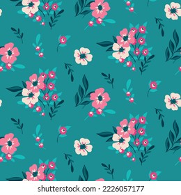 Seamless floral pattern, cute ditsy print with hand drawn wild plants. Pretty flower design, abstract arrangement of small pink flowers, twigs, leaves on blue background. Vector botanical illustration