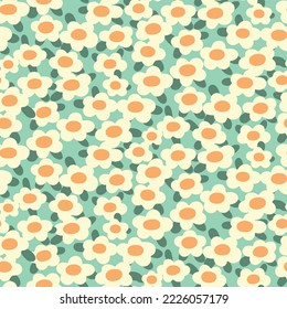 Seamless floral pattern, cute ditsy print with pretty chamomile field in cartoon style. Cute flower background design with small hand drawn flowers, leaves in liberty arrangement. Vector illustration.
