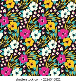 Seamless floral pattern, cute ditsy print with bright hand drawn summer meadow. Pretty colorful flower surface design, abstract arrangement of small flowers, leaves, grass on black background. Vector.