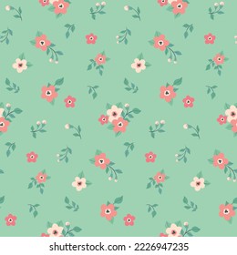 Seamless floral pattern, cute ditsy print with tiny hand drawn flowers in an abstract arrangement on a mint background. Pretty girly flower design with small flowers, leaves in pastel colors. Vector.