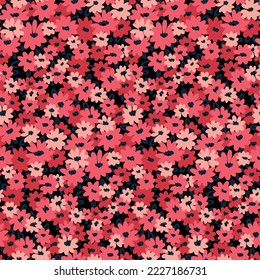 Seamless floral pattern, cute ditsy print with romantic liberty meadow, small red flowers. Pretty flower design with tiny hand drawn flowers, leaves on dark background. Vector botanical illustration.